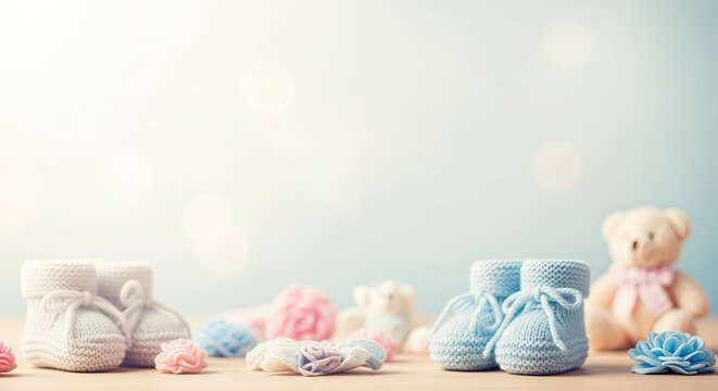 Knitted baby shoes and toys on a wooden table with a light blue background.