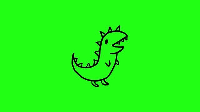 4K Hand drawn dinosaurus frame by frame animation on chroma key green screen background.