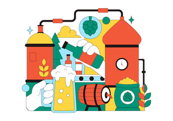 Naklejka premium Brewery Production Process Vector Illustration Featuring Beer Tanks And Bottles Filled With Alcoholic Beverages for Fermentation on a Flat Background
