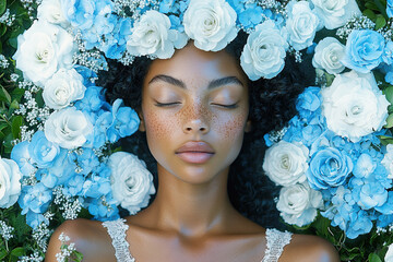 An open casket holds the body of a young woman surrounded by flowers. A serene woman with closed eyes surrounded by a bouquet of blue and white flowers, exuding tranquility and beauty.