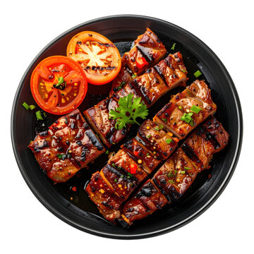 Filipino inihaw na baboy, juicy grilled pork skewers marinated in a sweet and savory sauce, served on a dark plate, isolated on white background