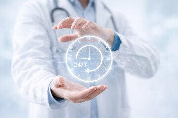 AI generated medical professional presenting continuous healthcare service icon symbolizing round the clock patient care digital health support telemedicine and smart medical systems