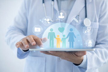 AI generated medical professional using digital health platform to manage family healthcare patient records appointments treatment monitoring and connected care services