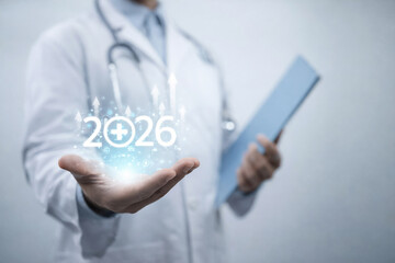 AI generated medical professional presenting 2026 hologram with digital health symbols representing future healthcare innovation smart systems and medical technology