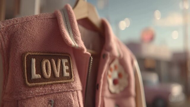 Valentine day. valentine love day patchwork concept jacket vest romantic retro romance style pastel pink cozy fabric texture fuzzy soft focus dreamy sunset light heart symbol stitched detail hanging