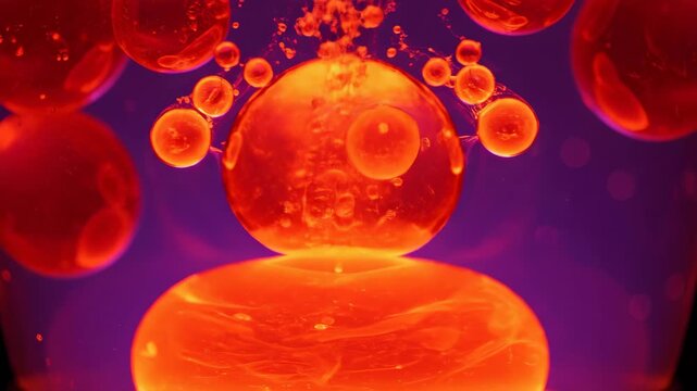 Vibrant Lava Lamp with Glowing Orange Liquid and Red Bubbles Against Purple Background