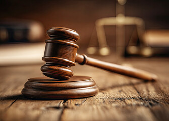 A wooden gavel rests on a table, symbolizing justice and the legal system, with a blurred scale in the background.