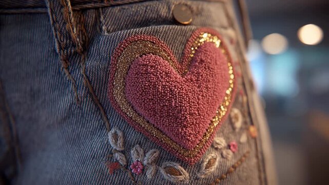 Valentine day. valentine day patchwork heart embroidery denim pocket closeup texture bead rustic romance soft focus warm light detail craft love romantic fabric art textile design boho style charm