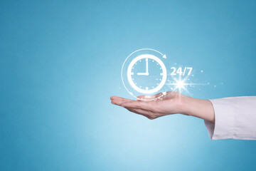 AI generated medical hand presenting continuous healthcare service clock symbol for nonstop patient care digital health support telemedicine and smart medical services