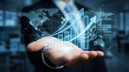 Businessman's open palm projecting holographic financial growth chart and world map
