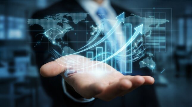 Businessman's open palm projecting holographic financial growth chart and world map - Powered by Adobe