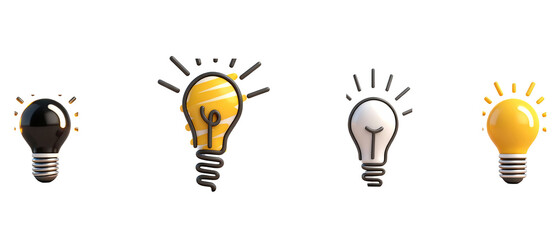 Four distinct light bulb icons in various styles, representing ideas, innovation, and inspiration. Includes black, yellow, white, and yellow illuminated bulbs with decorative details.
