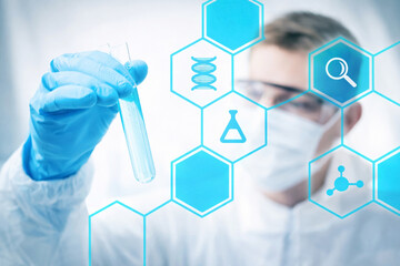 AI generated scientist examining test tube with digital molecular icons representing medical biotechnology research laboratory analysis and advanced healthcare innovation
