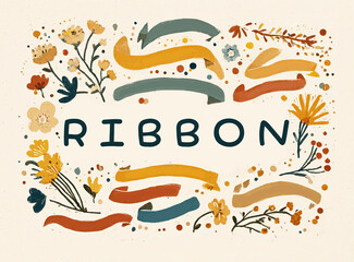 A decorative illustration featuring the word "RIBBON" surrounded by colorful flowers and ribbons in a whimsical style.