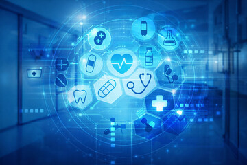 AI generated digital healthcare technology with medical icons hologram interface data connectivity and smart hospital system for modern healthcare innovation