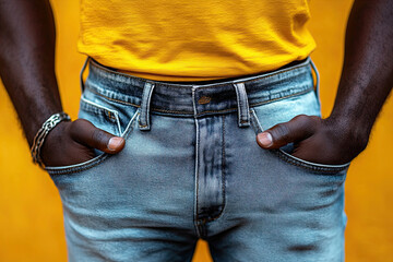 A close-up of a black person wearing a yellow shirt and blue jeans, with hands in pockets against a vibrant yellow background.