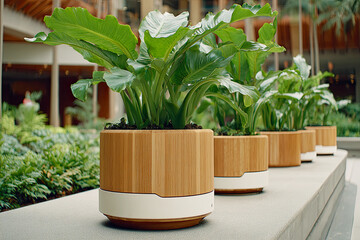Lush green plants in stylish bamboo planters create a vibrant indoor ambiance, enhancing the contemporary space with natural beauty.