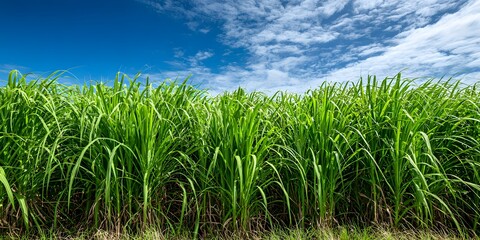 Fototapeta premium Lush Green Crop Field Under Blue Sky, Representing Sustainable Agriculture, Food Production, and Rural Growth