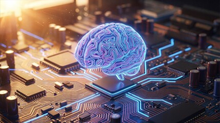 Futuristic AI brain on glowing circuit board, next gen computing, business transformation