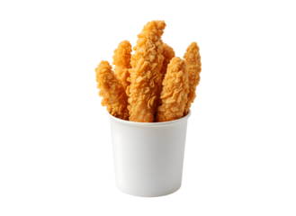 Crispy fried chicken strips in a white paper cup isolated view