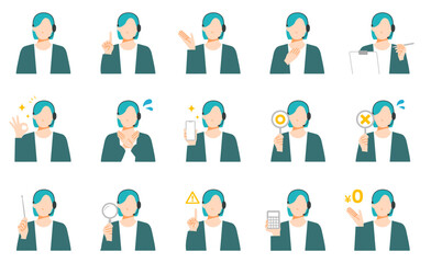 Fototapeta premium ヘッドセットをしたコールセンターで働く女性のクライアント向け表情イラストセット。フラットデザイン。