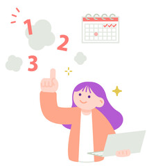 スケジュールを確認して優先順位を考えるノートパソコンを持った女性のイラスト