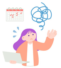 スケジュール管理で困っているノートパソコンを持った女性のイラスト