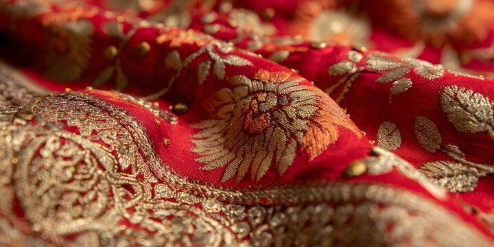 Red Silk Saree Fabric with Intricate Gold Zari Embroidery, Representing Indian Luxury Textile, Wedding Elegance, and Heritage Craftsmanship
