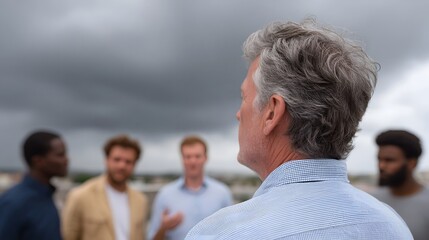A senior man leads a diverse group of men in an outdoor meeting under overcast skies
