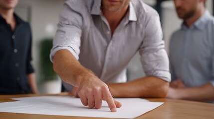 Professionals collaborating and pointing at a document during a business meeting focusing on strategy and teamwork in an office setting