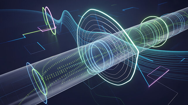 Futuristic transparent tube with binary code and glowing abstract light waves swirling around conveying data transfer and digital information processing in cyberspace visualization - Powered by Adobe