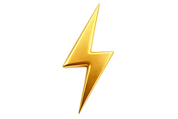 3D golden lightning bolt icon on white background. Represents electricity, energy, power, and speed. Stylized, glossy emblem for graphic design, branding, or decorative use.