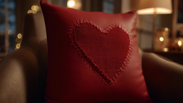 Valentine day. Valentine day heart pillow patchwork concept red cushion cozy armchair romantic warm light comfort textile decor interior love detail soft fabric thread stitch glowing bokeh evening