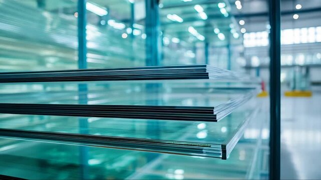 Stacked tempered glass panels in modern factory interior