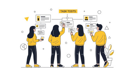 Teamwork and project management concept, people collaborating on tasks and workflow