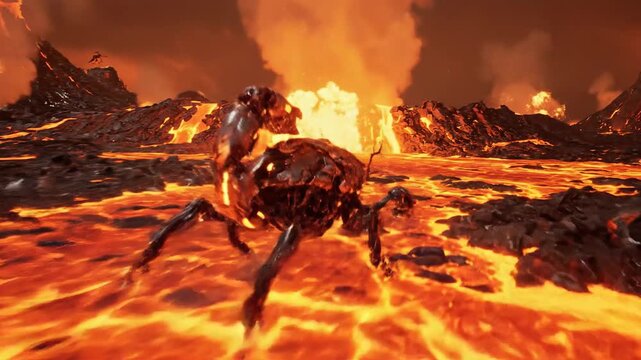 Mechanical Creature Skitters Across Molten Alien Landscape