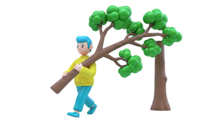 3D Cartoon Man Carrying a Tree Branch with Green Leaves