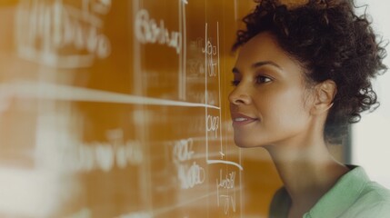 diversity leadership learning growth mentorship concept. Focused woman analyzing data on a transparent board.