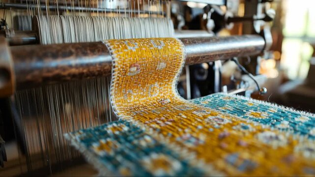Hand loom weaving close up textured patterned textile on mechanical loom