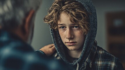 diversity leadership learning growth mentorship concept. A young boy in a hoodie looks concerned, facing an older man.