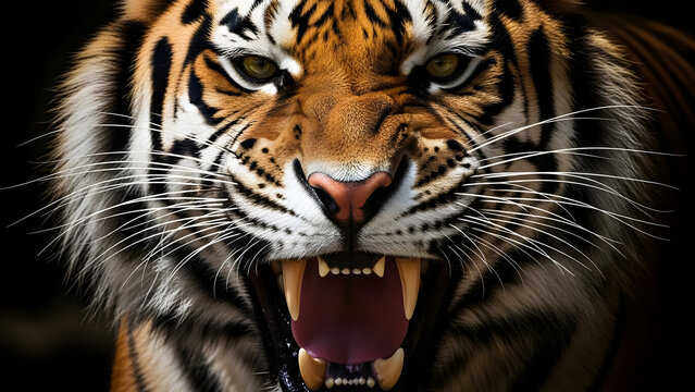 A close up realistic illustration of an angry tiger snarling with open jaws and sharp teeth