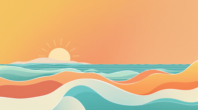 Abstract vacation background with sun, horizon, and wave shapes, warm tropical palet