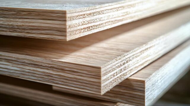 Close up stacked plywood panels showing laminated edges and wood grain