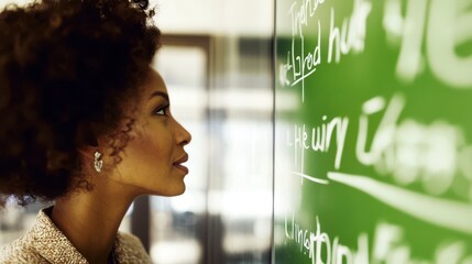 diversity leadership learning growth mentorship concept. Professional woman engaging with a green board of ideas.