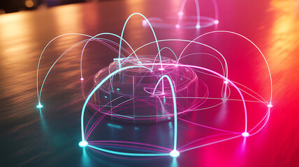 Central futuristic hub with glowing neon light connections spreading across dark surface representing decentralized network or data sharing system in vibrant colorful illumination