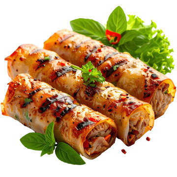 A complete nem nuong set with grilled pork patties, rice paper, noodles, and a bowl of flavorful dipping sauce, isolated on a pure white background