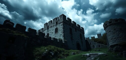 Shadows cling to a foreboding, ancient stone fortress under a stormy sky,  mystery,  silhouette
