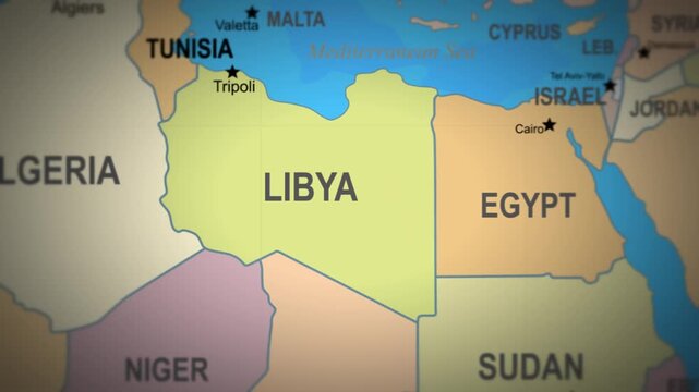 Educational style map highlighting Libya and nearby countries