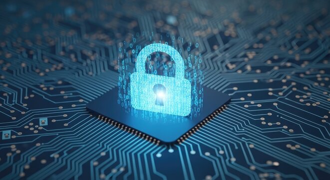 A blue and white circuit board with a glowing blue padlock in the center. - Powered by Adobe