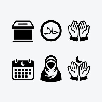 Minimal Islamic religious vector icons set  zakat box, halal symbol, prayer hands, Islamic calendar, hijab, dua 1.eps